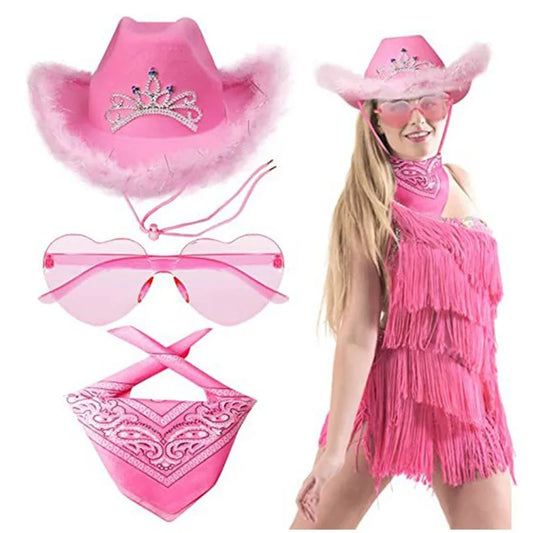 Halloween Women Western Pink Cowgirl Fluffy Cowboy Glitter Hat Carnival Costume Accessory for Party Wear Hat