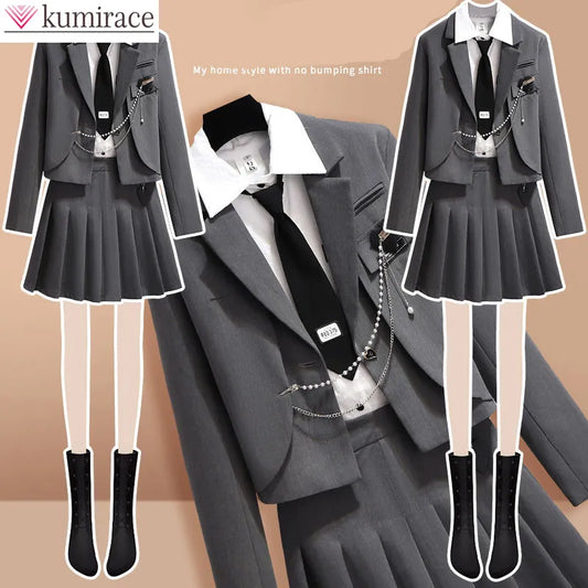 2022 Autumn New Japanese White Shirt Suit Jacket Pleated Skirt Three Piece Set Fashionable Female Student JK Uniform Sports Sets